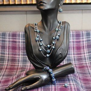 RMN Signed Dark Blue AB Rhinestone Ball and Faux Pearl Necklace Set